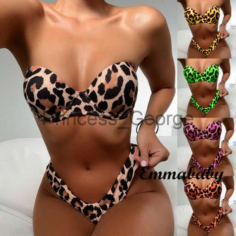 

Women's Plus Size Swimwear 2020 Women's Leopard Strapless Push Up Bikini Set Leopard Padded Tube Bra Thong Swimwear Bathing Swimsuit 2PcsSet Beachwear x0621, Yellow