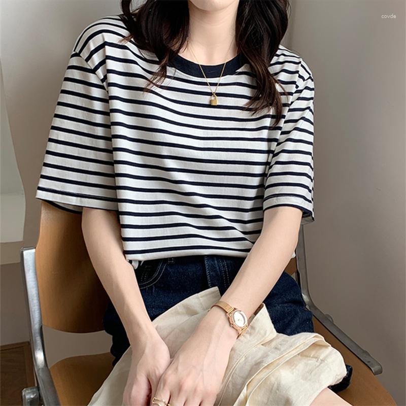 

Women' T Shirts 2023 Summer Vintage Striped Women' T-Shirts Short Sleeve O-Neck Casual Loose Bottom Korean Green Tops Female, Blue