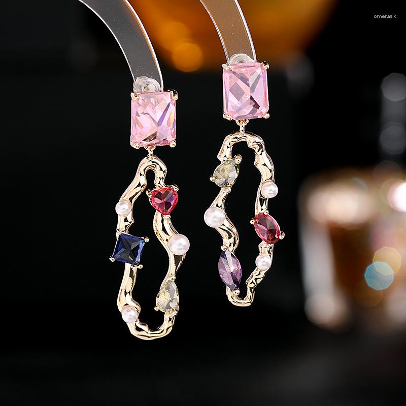 

Dangle Earrings S925 Silver Needle South Korea East Gate Geometrically Asymmetric Super Sparkling Square Heart Zircon