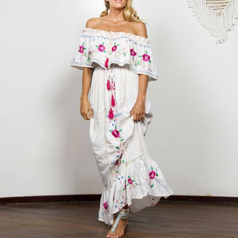 

Party Dresses BOHO INSPIRED White Embroidered Dess Women Ruffle Dress Off Shoulder Lace Trim Holiday Summer Elastic Long, Picture shown