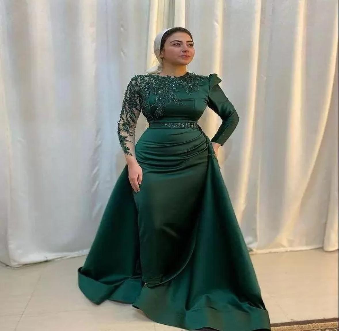 

Hunter Green Muslim Evening Dresses with Detachabel Train Real Long Sleeve Aso Ebi African Party Dress Beaded Stain Kaftan Prom Go6458392, Champagne