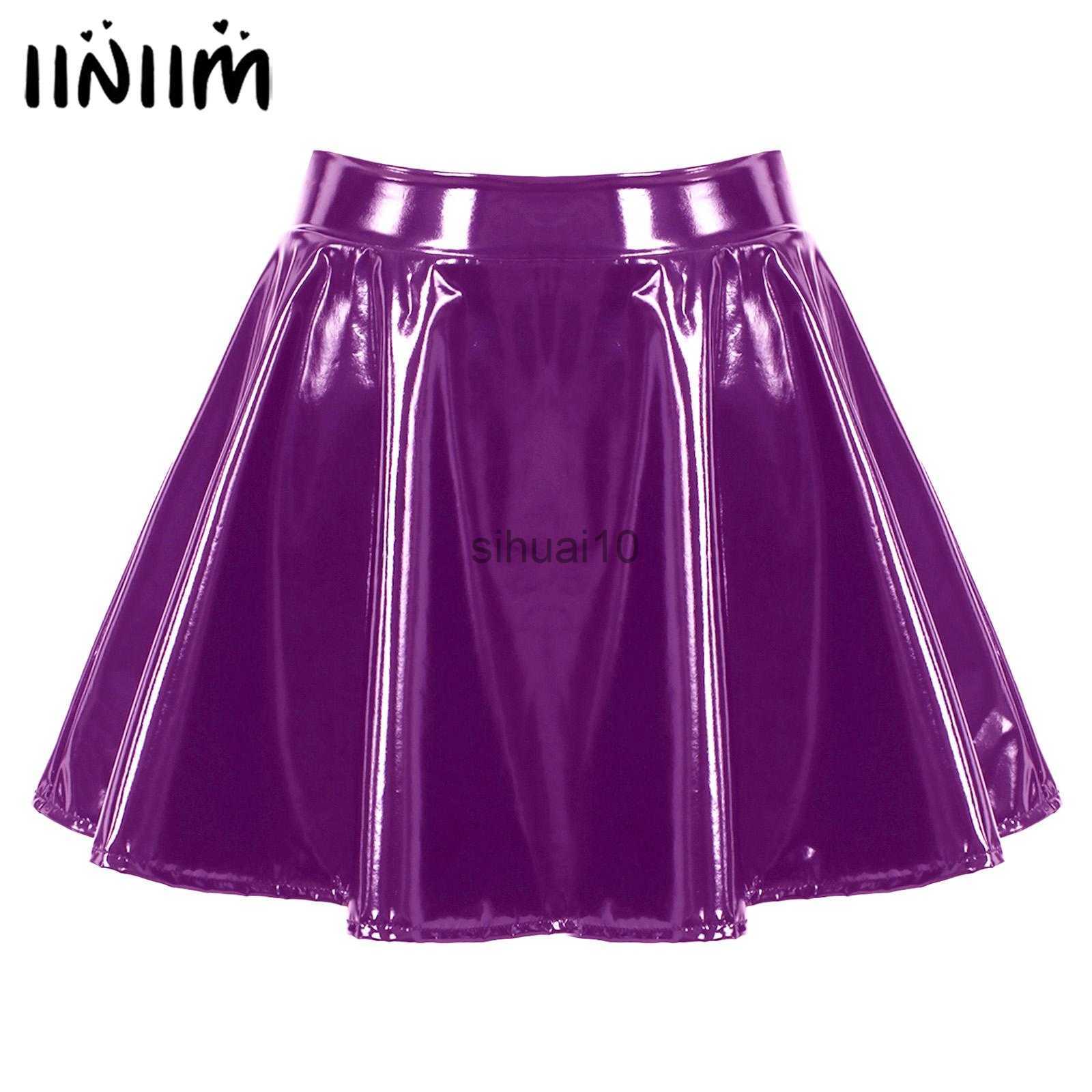 

Skirts Womens Glossy Patent Leather Flared Miniskirt Dance Performance Invisible Zipper A-Line Mini Skirts Clubwear Cosplay Come J230621, Purple