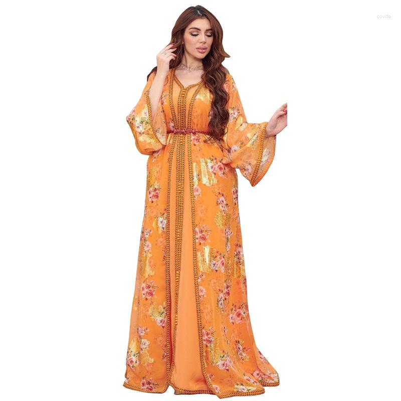 

Ethnic Clothing Middle East Arab Dubai Muslim Dress Two-piece Chiffon Printing Patchwork Robes Abayat Zarif Elbise Tesettur