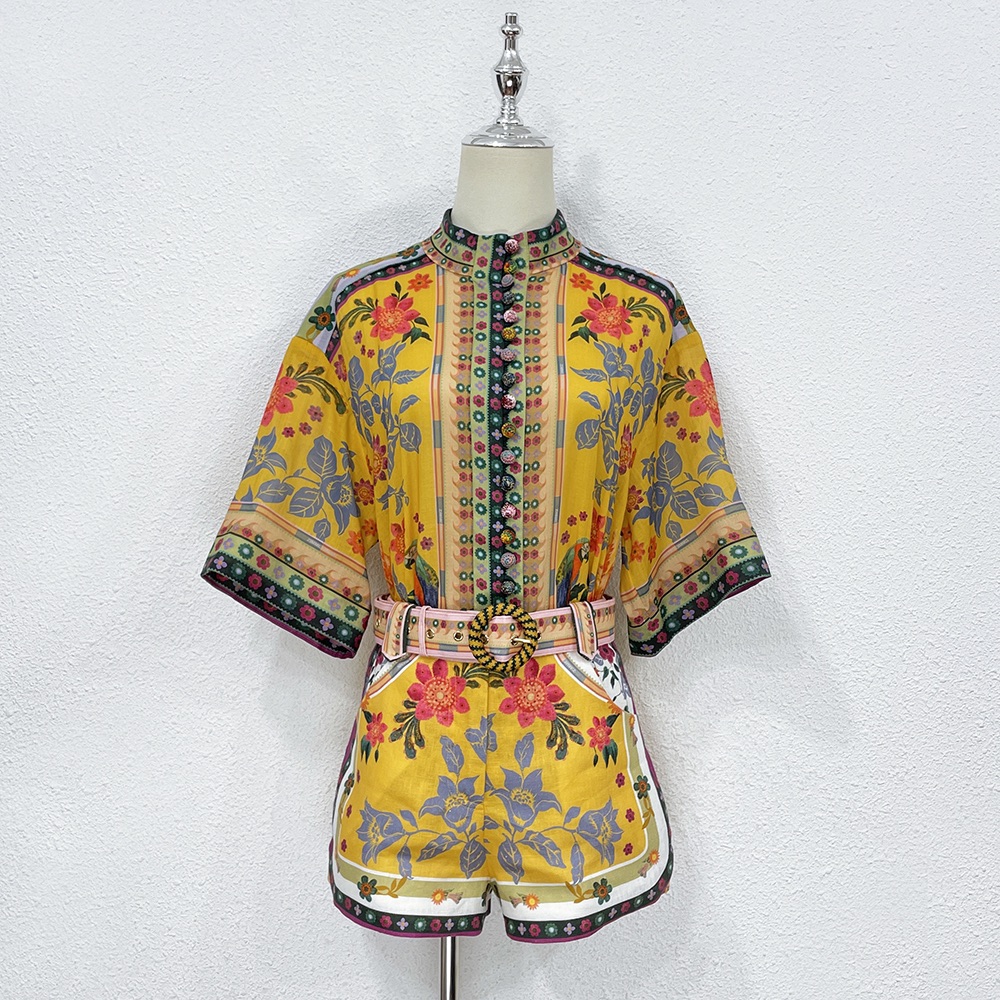

Two Piece Dress Australian Luxury Fashion Brand 2023 Spring/Summer New Ramie Printed Shirt Linen Printed Shorts Set, Multi