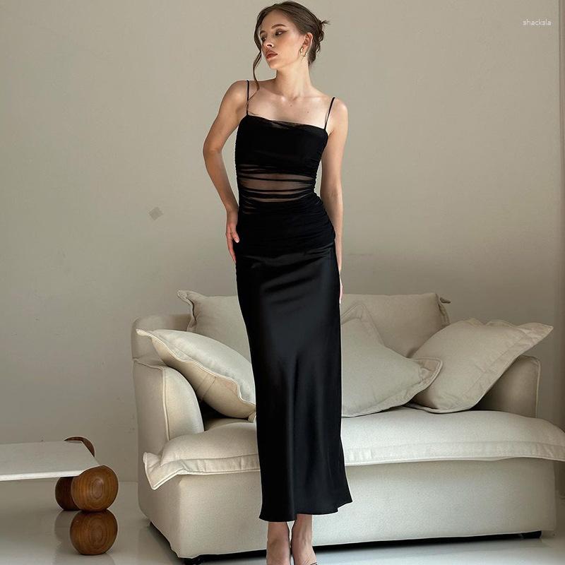 

Casual Dresses Straps Tulle Stitching Fake 2 Piece Dress 2023 Summer Slim-fit Printed Elegant Women' Clothing WD253, Black