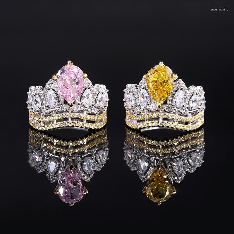 

Cluster Rings Retro S925 Sterling Silver Yellow Water Droplet Pink Crystal Crown Luxurious Wedding Ring 2023 Trend Luxury Woman Jewelry