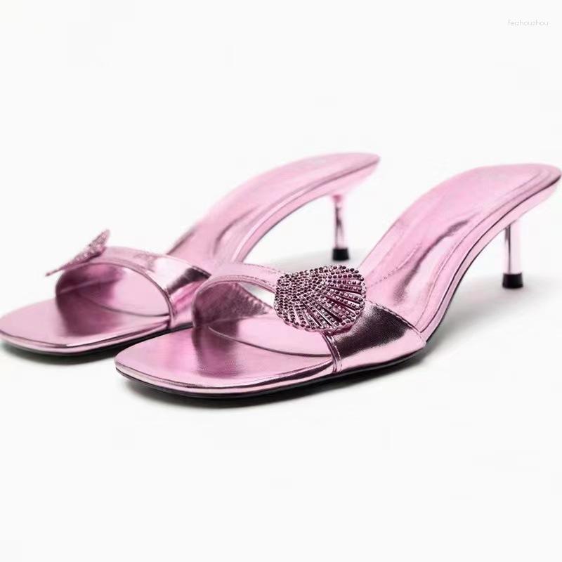 

Sandals Summer Pink Kitten Heel For Women Fashion Shiny Squared Toe Heeled Casual Comfort Heels Ladies Slingbacks