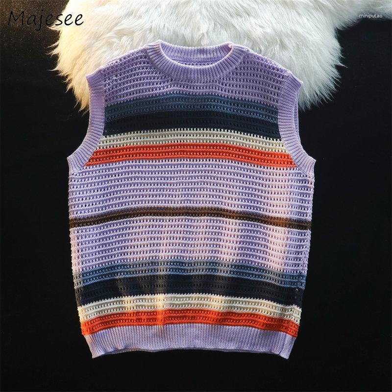 

Men's Vests Sweater Vest Men O-neck Harajuku Y2k Clothes Striped Panelled Hollow Out Knitwear Unisex All-match Streetwear Summer Teens, Purple