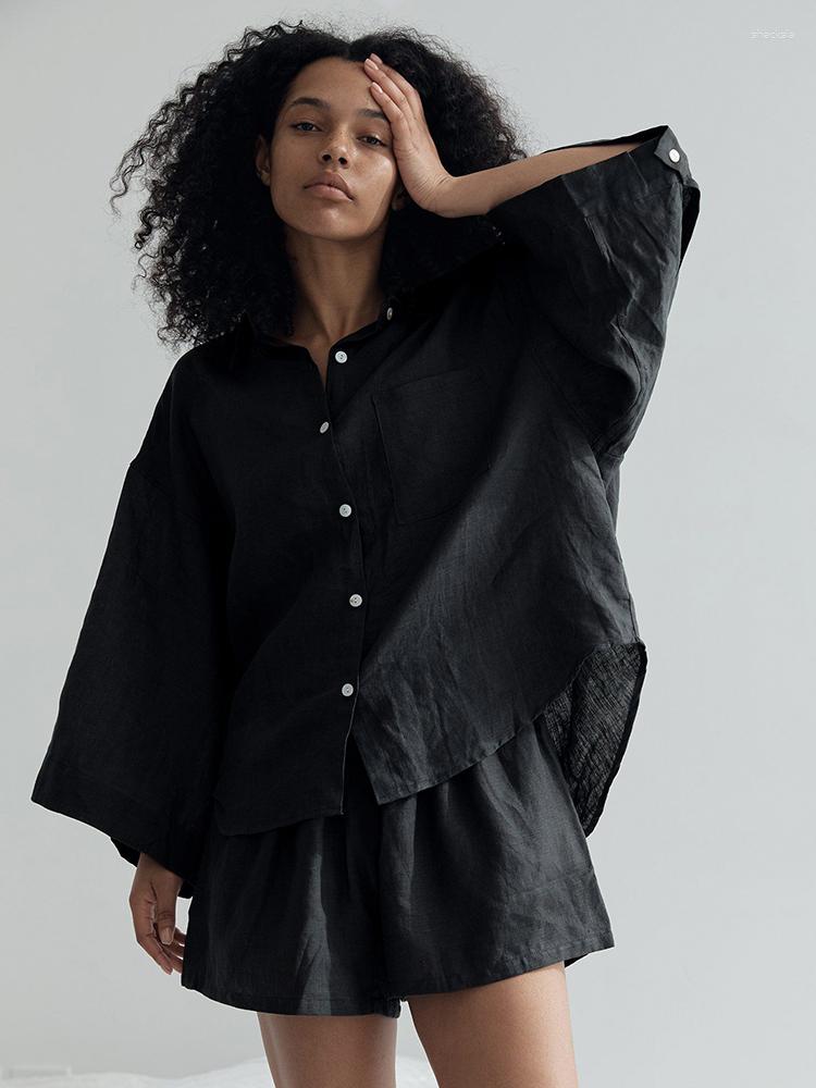

Women' Sleepwear Hiloc Black Cotton Single Breasted Loose Pajamas For Women Nightie Three Quarter Sleeve Nightwear Female Set Spring