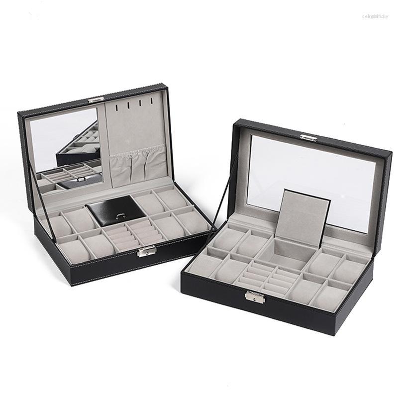 

Watch Boxes PU Leather 8/10/5/3/4 Grid Slots With Mirror Watches Storage Box Ring Stud Bracelet Necklace Jewelry Organizer Display Case