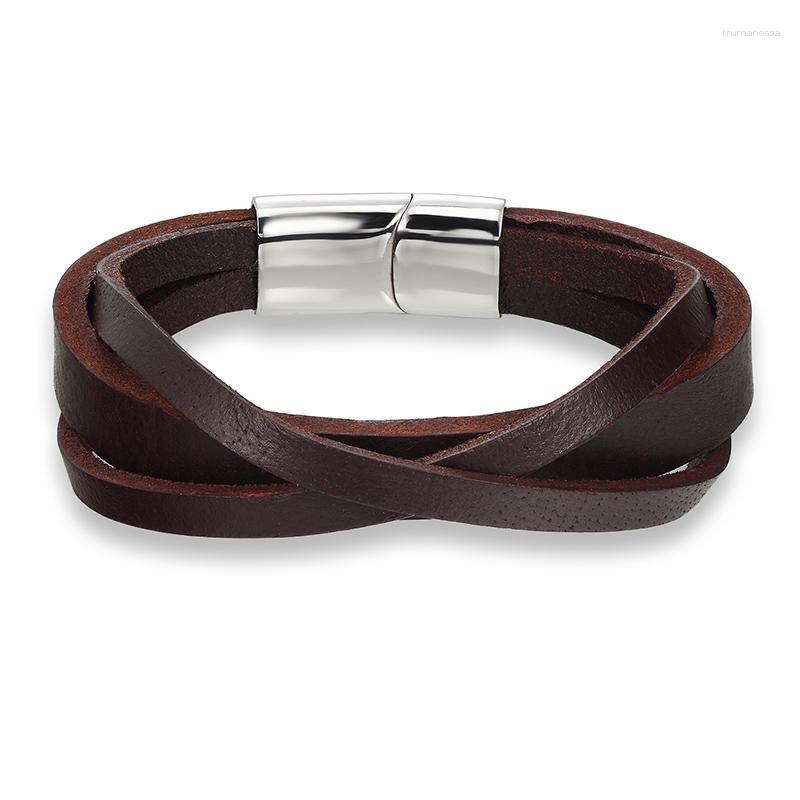 

Link Bracelets Chain Fashion Stainless Steel Genuine Multi-layer Leather Bracelet Men 21.00cm Vintage Simple Male Braid Jewelry WomenLink