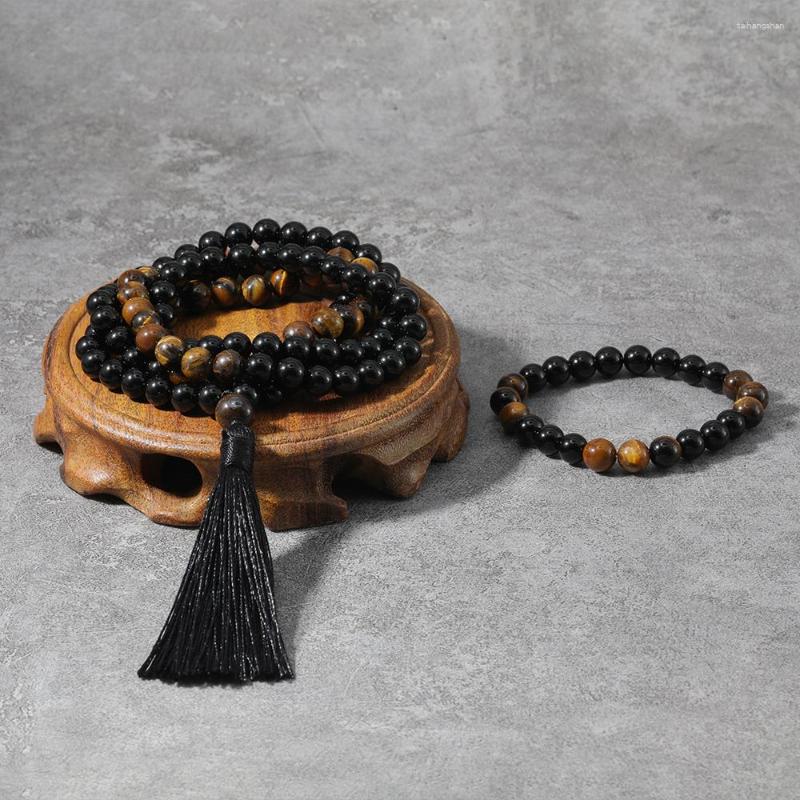 

Pendant Necklaces 8mm Yellow Tigers Eye Black Onyx Japamala Set Protective Meditation Namaste Yoga Jewelry Buddhist Prayer Bead 108 Beads