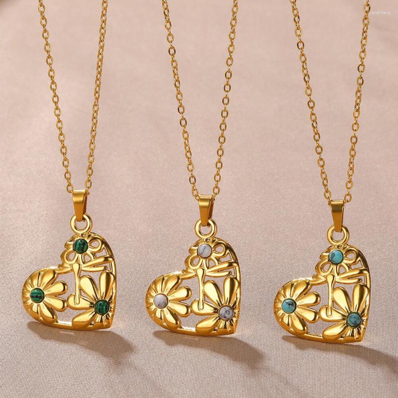 

Pendant Necklaces Classic Green Stone Heart Shape Pendants For Women Stainless Steel Hollow Flower Girls Choker Envio Gratis