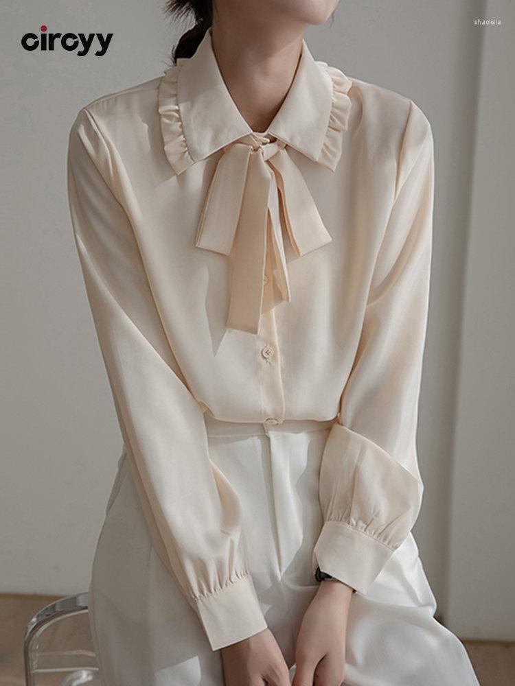 

Women' Blouses Circyy Women Shirts Bow Lace Up Solid Single Breasted Turn-down Collar Long Sleeve Korean 2023 Spring Office Ladies, Apricot