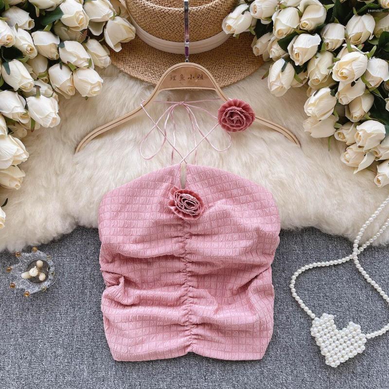 

Women's Tanks Spicy Girl Sexy Camis For Women Lace-up Hault Sleeveless 3D Flower Pleated Femme Corset Crop Tank Tops Skinny Camisoles, Pink