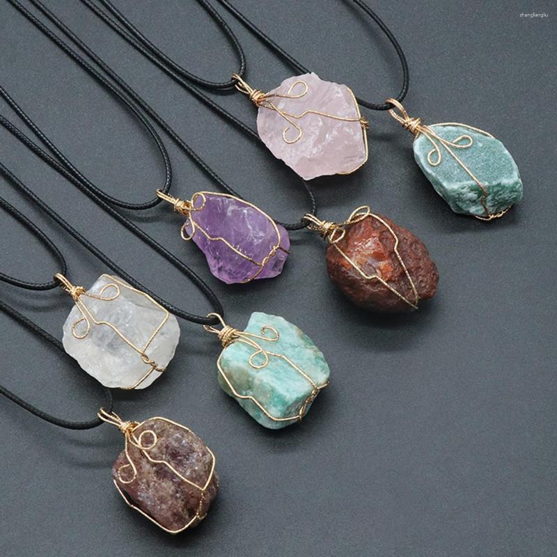 

Pendant Necklaces Natural Stone Necklace Rough Rose Quartz Agate Amethyst Rope Chains Winding Crystals Charms For Women Jewelry