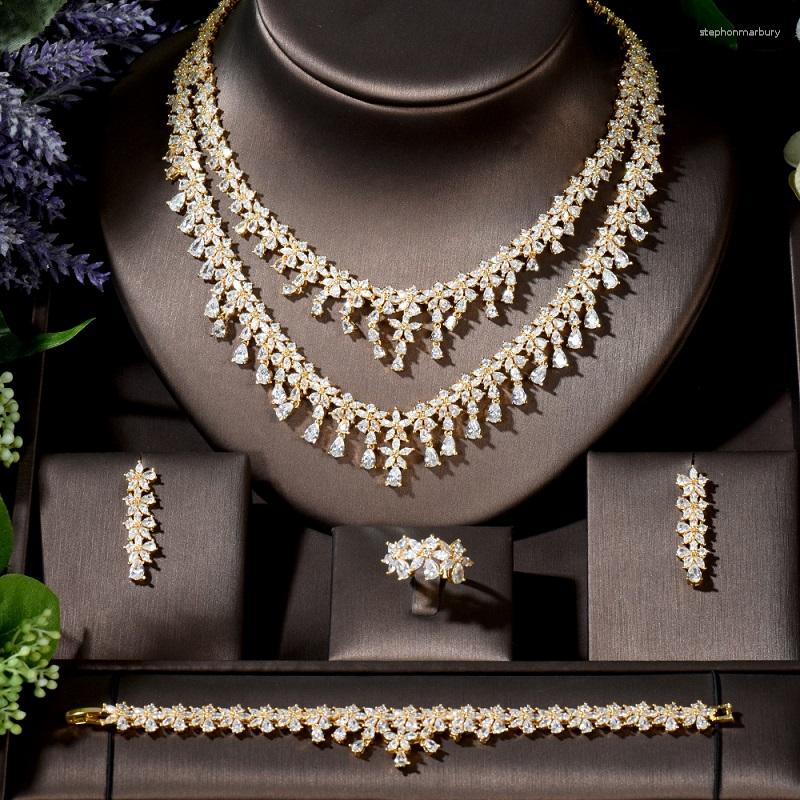 

Necklace Earrings Set Fashion Luxury Jewelry Cubic Zircon 4 Pcs Wedding Bridal Copper Dubai For Ladies N-782, Picture shown