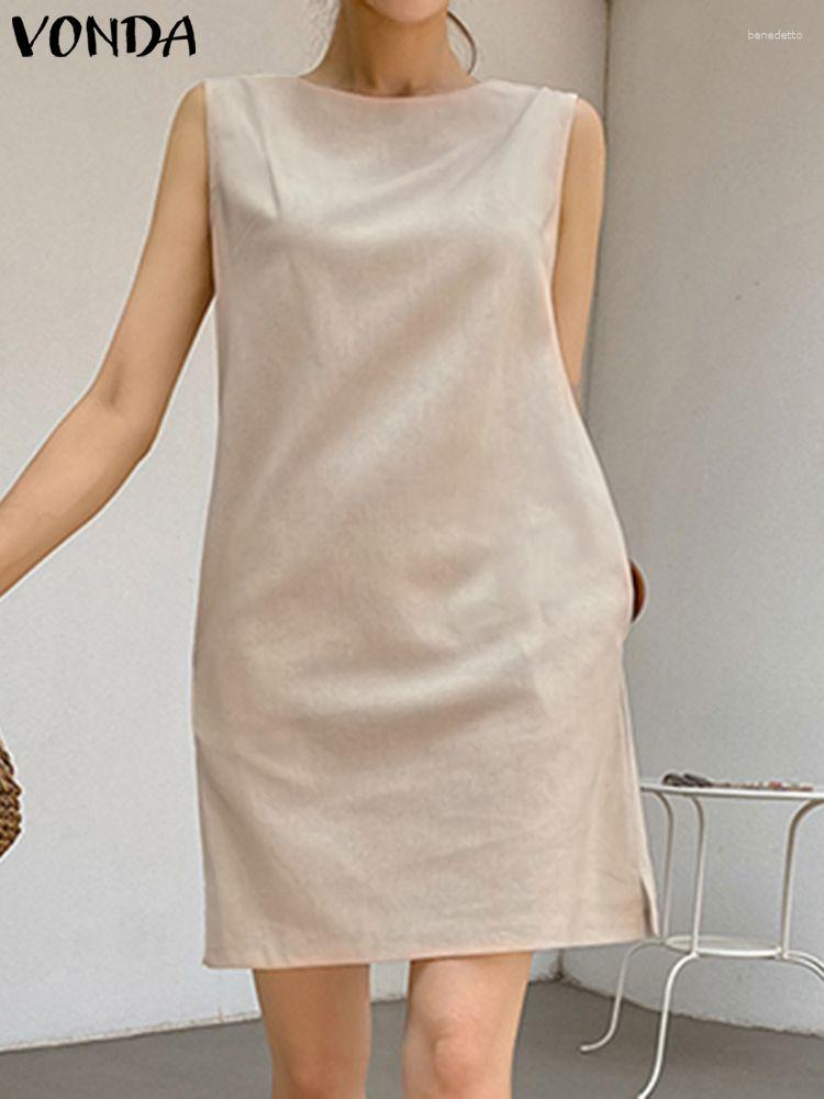 

Casual Dresses Beach Sundress VONDA 2023 Summer Women Sexy Sleeveless Mini Dress Round Neck Pocket Loose Solid Color Party Robe Femme, Beige