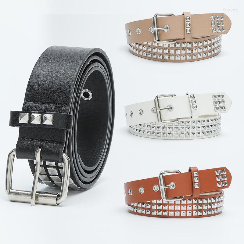 

Belts PU Leather Studded Waist Solid Color Eyelet Metal Pin Buckle Square Bead Rivet Belt Vintage Jeans Decorative Waistbands, White