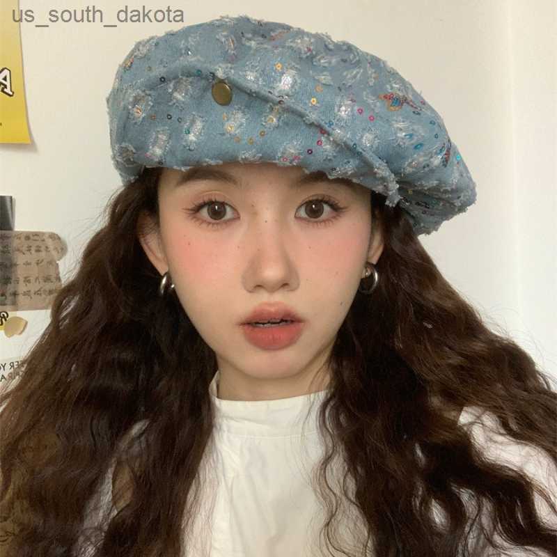 

Designer Beret Korean Fashionable Sequins Small Butterfly Octagonal Painter Hat Showing Face Small Japanese Retro Berets Women L230523, Green