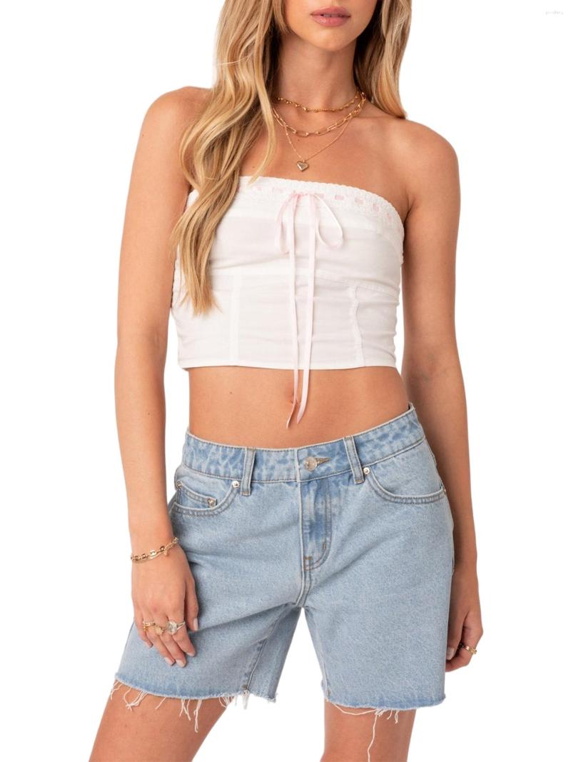 

Women' Tanks Boho Chic Strapless Lace Crop Tops Floral Bandage Tube Shirts With Backless Design For Women  Summer Street Style Fashion, D white