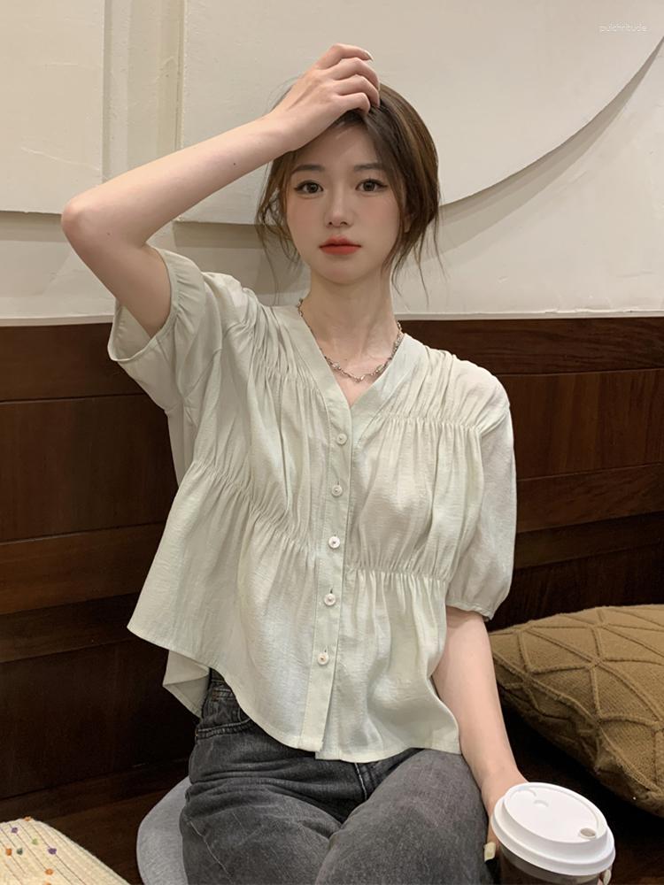 

Women's Blouses Pleated Shirts Woman Korean Fashion Women Puff Sleeve Blouse Tops Sweet Blusas Mujer De Moda 2023 Simple V Neck Crop Top, Apricot