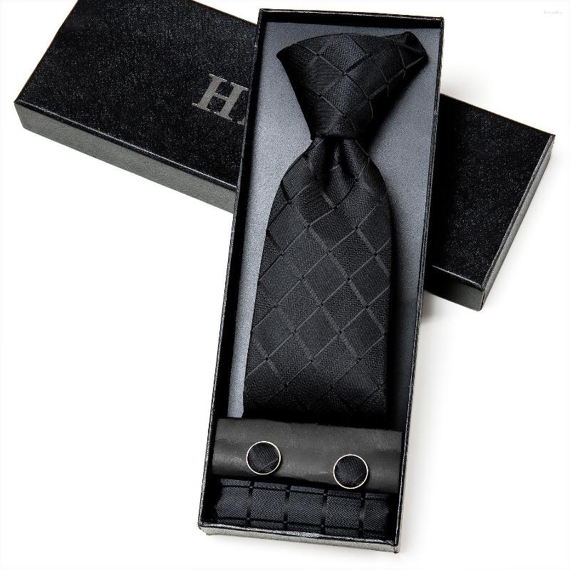 

Bow Ties Hi-tie Business Gift For Men Necktie Black Plaid Classic Luxury Silk Men's Tie Fashion Hanky Cufflinks Set High Quality
