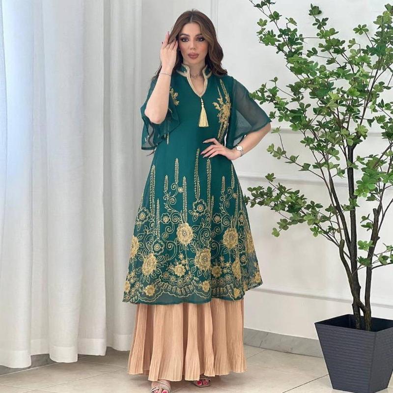 

Ethnic Clothing Abaya For Women Fashion Mesh Embroidery Dress With Tassel Splice Chiffon Pleated Muslim Dubai Morocco Robe
