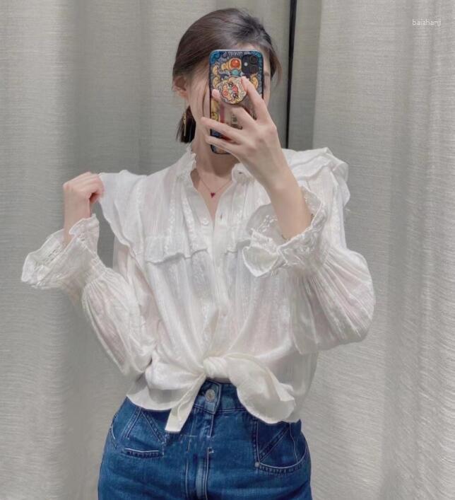 

Women' Blouses Woman White Ruffled Shirt Cotton Fashion Jacquard Tops Long Sleeved Teddy Blouse Embroidered Detail High Quality 2023