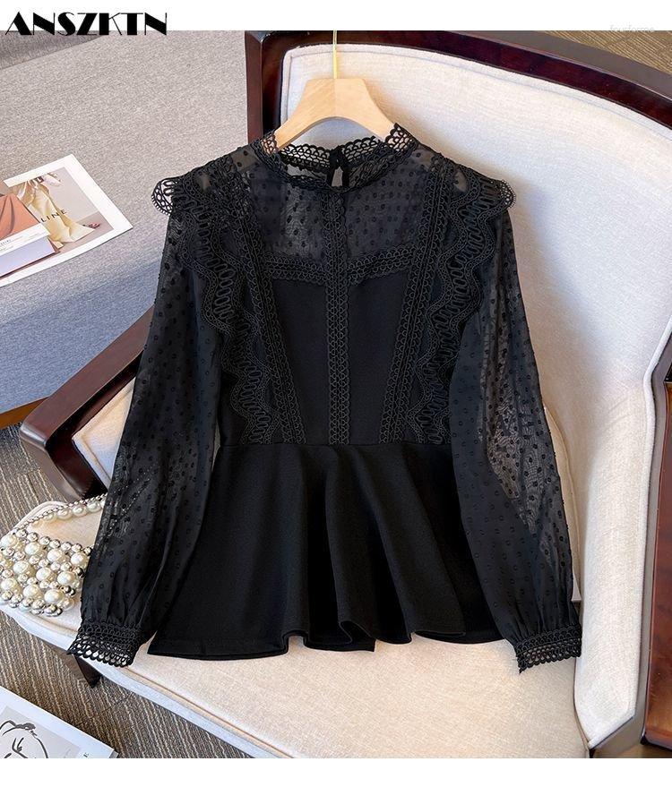 

Casual Dresses ANSZKTN Gothic Stylish Executive Lace Shirt Black Stand Collar Flared Cuff Spliced Women Blouse