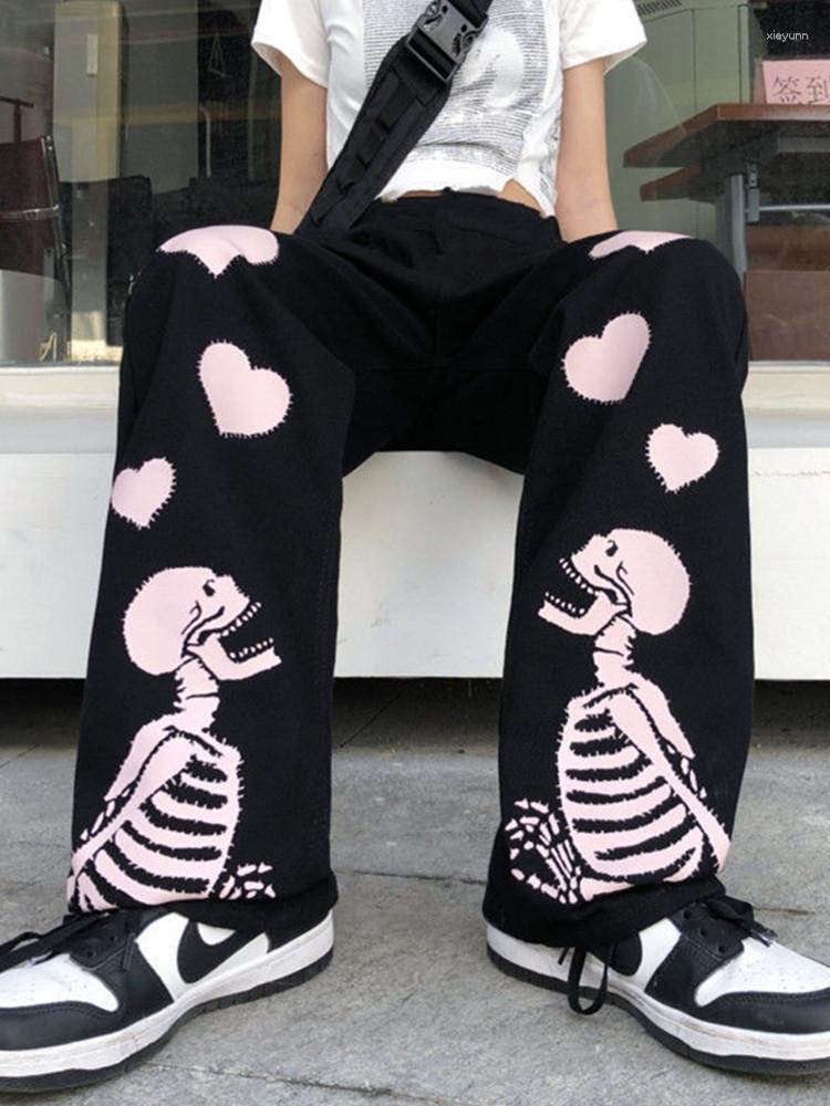 

Women's Pants 2023 Harajuku Vintage High Waist Straight Overalls Gothic Punk Loose Casual Y2K Skulls Printed Korean Black Sweatpants
