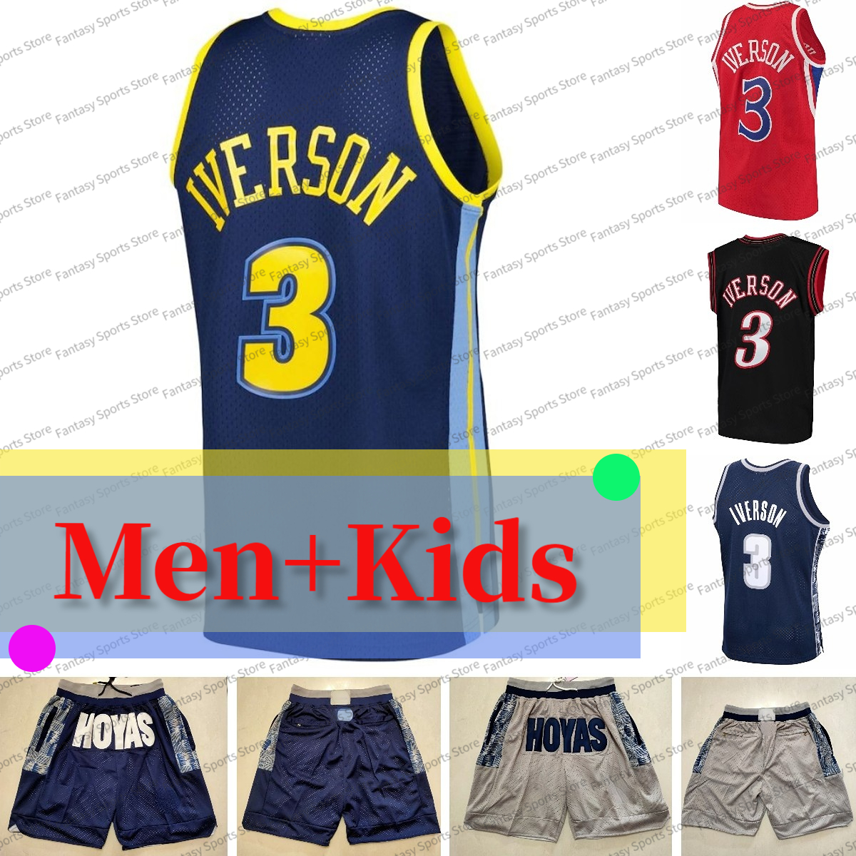 Allen Iverson Maillot de basket-ball jeunesse pour hommes Georgetown Hoyas Shorts POCKET ZIPS Stitched Classic Shirts Hommes Enfants Maillot de b