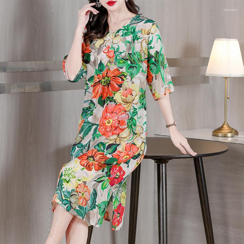 

Party Dresses 2023 Spring And Summer Silk Dress Blossoming Temperament Flower Print Travel Art Short Sleeve, As shown