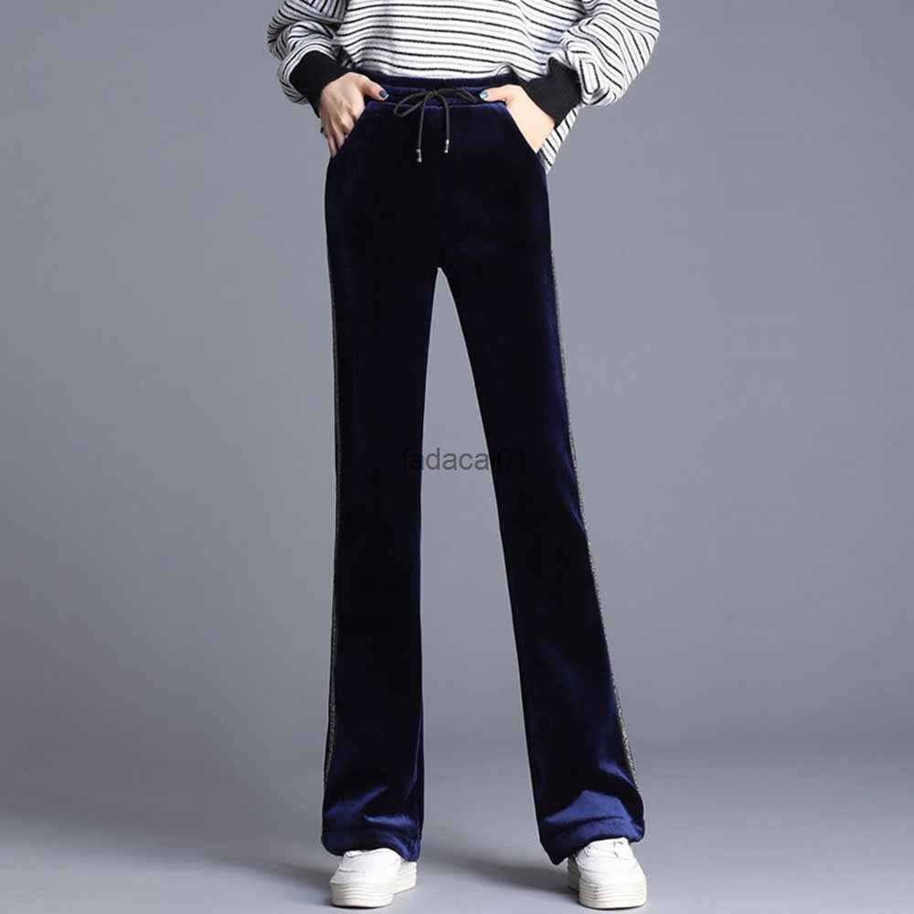 

Gold velvet Fashion Women Pants Balck High Waist Flare Pant Women Clothes Elastic Waist Casual Women Long Trousers S4XL L230621, Black