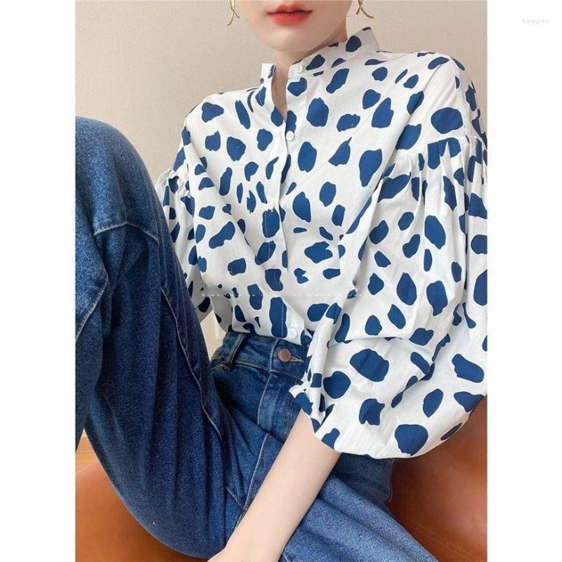 

Women' Blouses Women Spring 2023 Chiffon Blouse Bubble Sleeve Polka Dot Print Blue Shirt Fashion French Style Streetwear Elegant Tops For