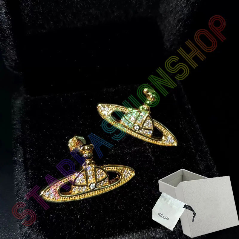 

Saturn Charm Luxury Classic Stud Pendant Brand Designer Geometric Celebrity Round Rhinestone Earrings Wedding Party Jewelry With Box 102