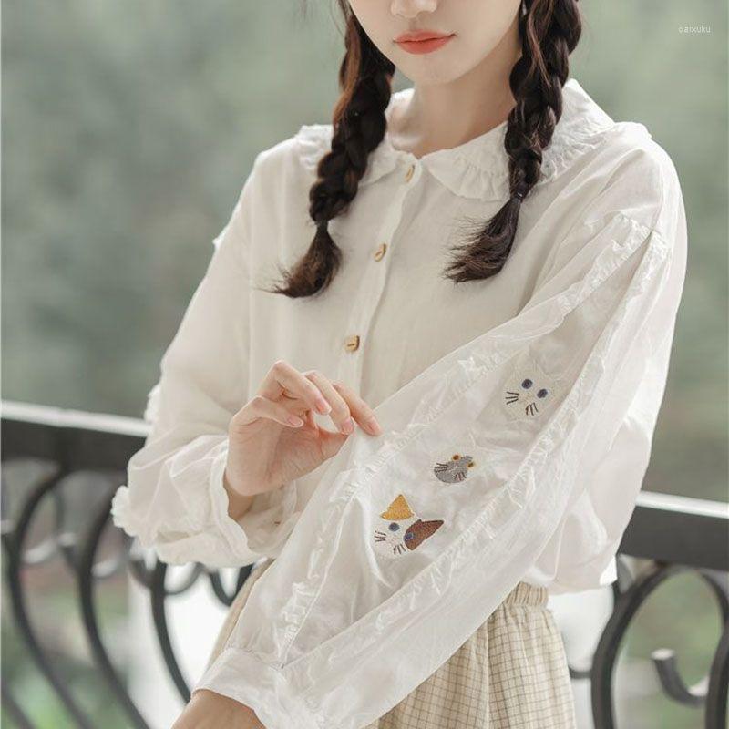 

Women' Blouses 2023 Women Spring Autumn Fashion Floral Embroidery Female Long Sleeve Cotton Shirts Ladies Students Loose W188, White