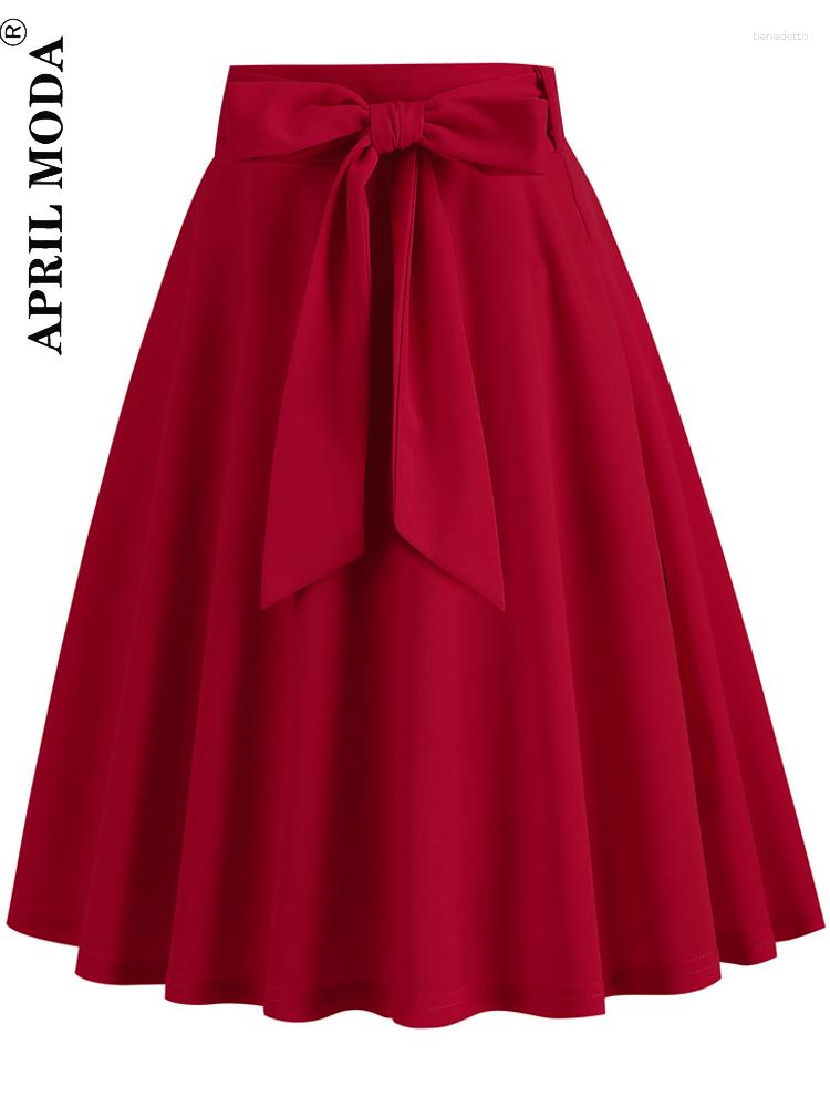 

Skirts Red Women' High Waist A-Line Pockets Skirt Casual Summer Flared Midi 1950s Retro Swing Pinup Office Lady Workwear