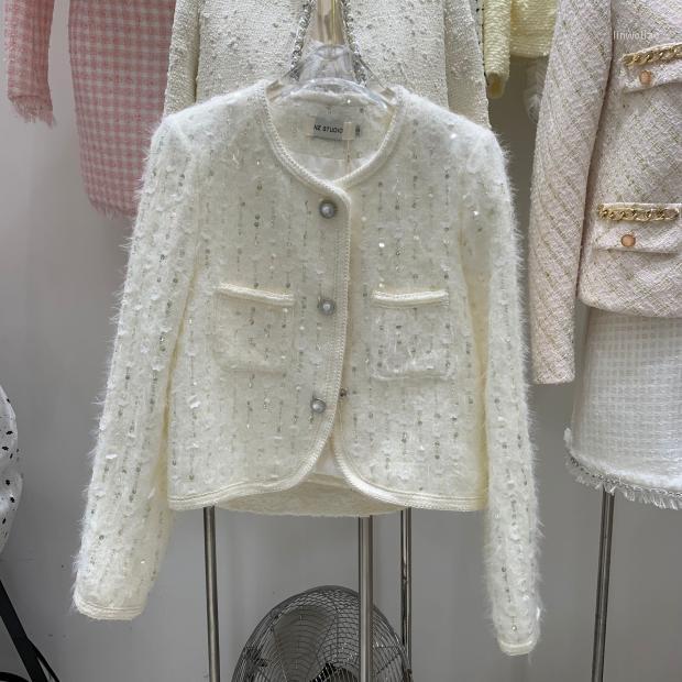 

Women' Jackets 2023 Fashion Design Women' High Quality O-neck Long Sleeve Paillette Flower Beading Woolen Short Jacket Cotton-padded, White