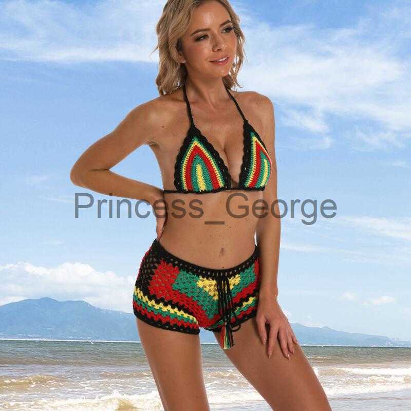 Maillots de bain grande taille pour femmes Bikini fait main au Crochet ensemble Shorts à pampilles femmes maillots de bain couleur Rasta x0621