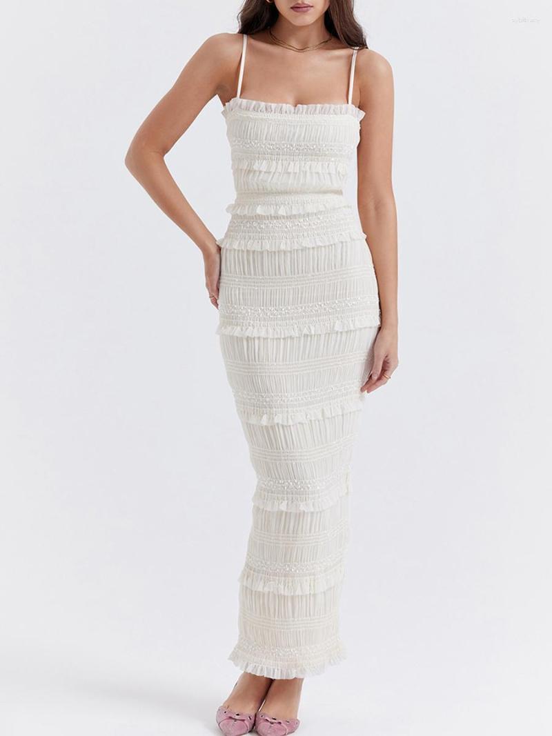 

Casual Dresses Women Sling Long Dress Sleeveless Off Shoulder Solid Color Ruffle Party Club Summer Spring, Ivory