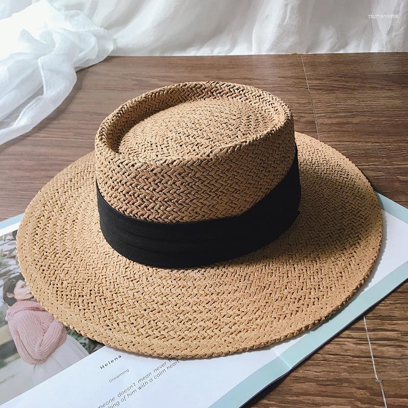 

Wide Brim Hats INS Summer Woven Flat Top Hat Retro British Straw Sunscreen Cute Beach Outside Holiday Sun Shade For Women, White