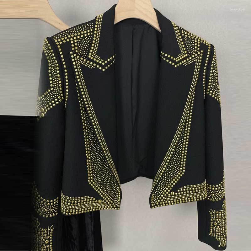 

Women's Jackets 23Fashion Diamond Blazer Coat Runway Lapel Loose Short Motorcycle Jacket Temperament Women Long Sleeve High Quality Clothes, Black