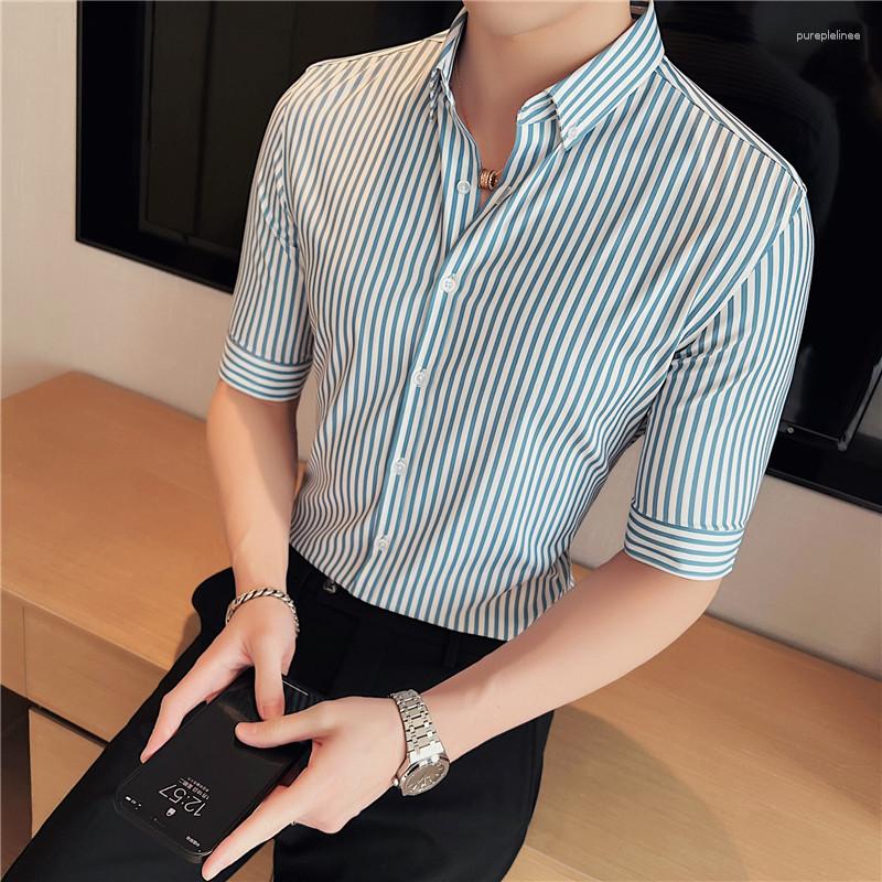 

Men's Casual Shirts High Quality Summer Half Sleeve Striped Men's Clothing 2023 Simple Slim Fit Business Formal Wear Non-iron Chemise, Blue