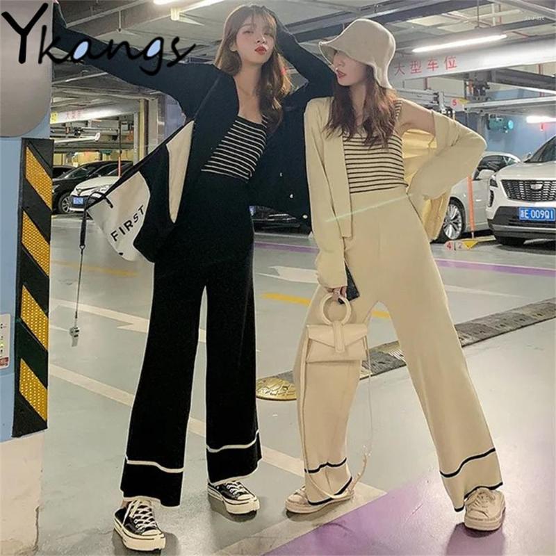 

Women' Two Piece Pants Knitted Cardigan Sleeveless Vest High Waist Wide Legs 3-Piece Set Spring Autumn Korean Lightly Mature Women, Apricot