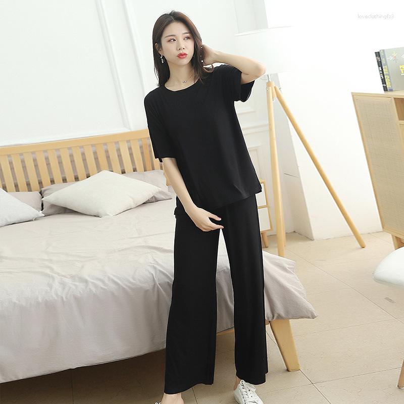 

Women's Sleepwear 2023 Women Threaded Home Service Suit Split Spring Summer Short-Sleeved Pajamas Nightwear Casual Sleep Set 2PCS, Black