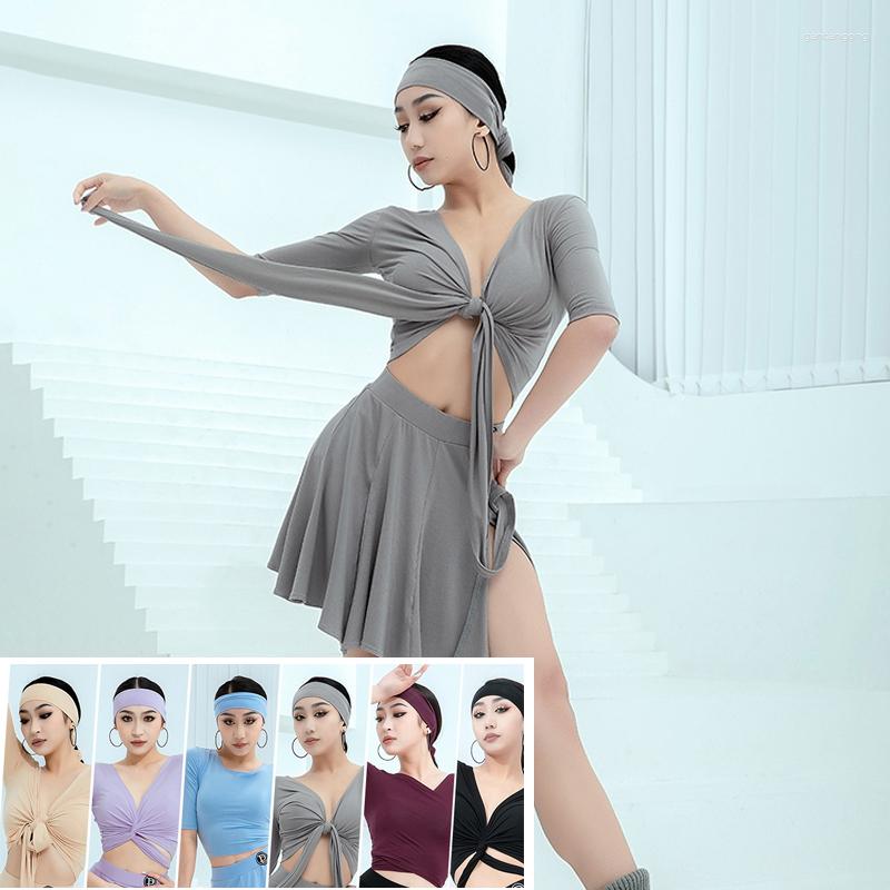 

Stage Wear Latin Dance Tops Female Sexy Short Sleeve Practice Clothing Summer Rumba Training Shirt Samba Cha Clothes DWY7119, Blue tops