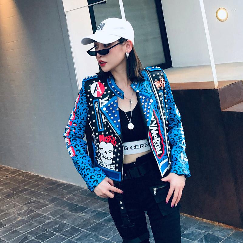 

Women' Jackets Autumn Fashion Graffit Print Rivet PU Leather Jacket Woman Cool Biker Blue Ladies Leopard Slim And Coats