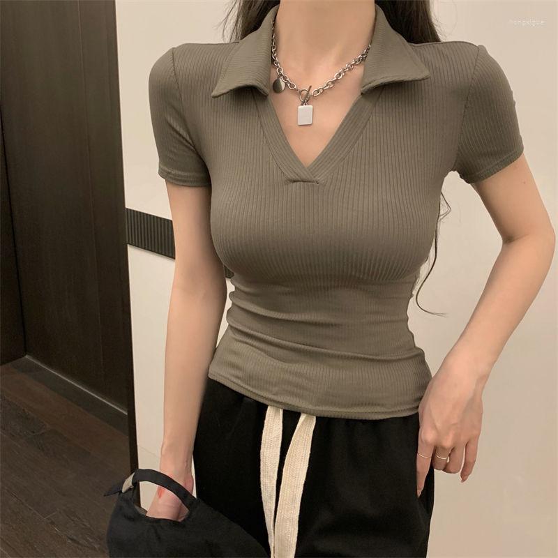 

Women's T Shirts Summer Polo Shirt Short Sleeve Straight Shoulder T-shirt Women Tees Spicy Girls Design Sense Small People Slim Tops, Black