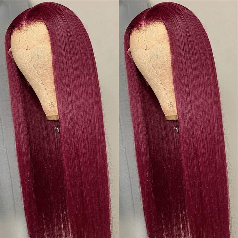 

Straight Lace Front Wigs Pre Plucked With Baby Hair 30 Inch Transparent 4x4 Closure 13x4 Lace Frontal Human Hair Wig, Burgundy